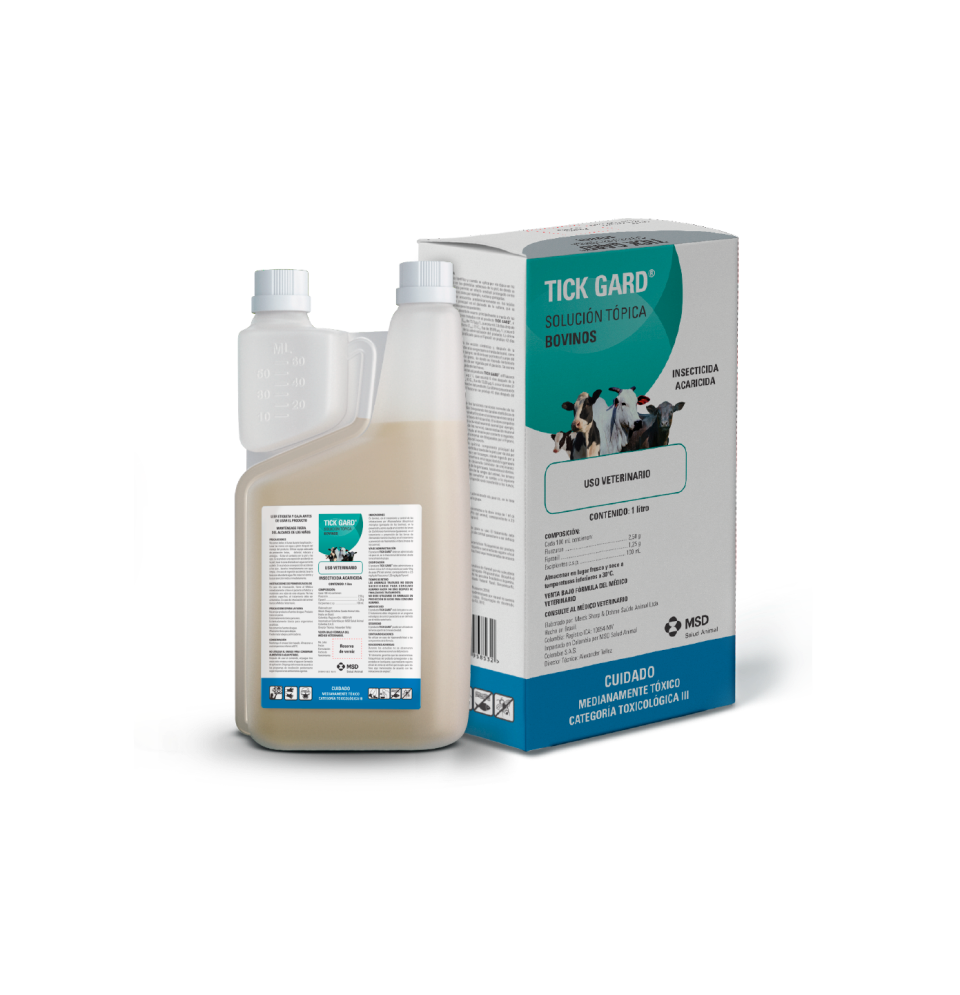 Solución tópica para el tratamiento y control de las infestaciones por garrapatas en los bovinos; en la prevención y como ayuda en el control de larvas (gusaneras). Para el tratamiento y prevención de larvas de nuche y de la mosca de los cuernos que atacan al ganado.​